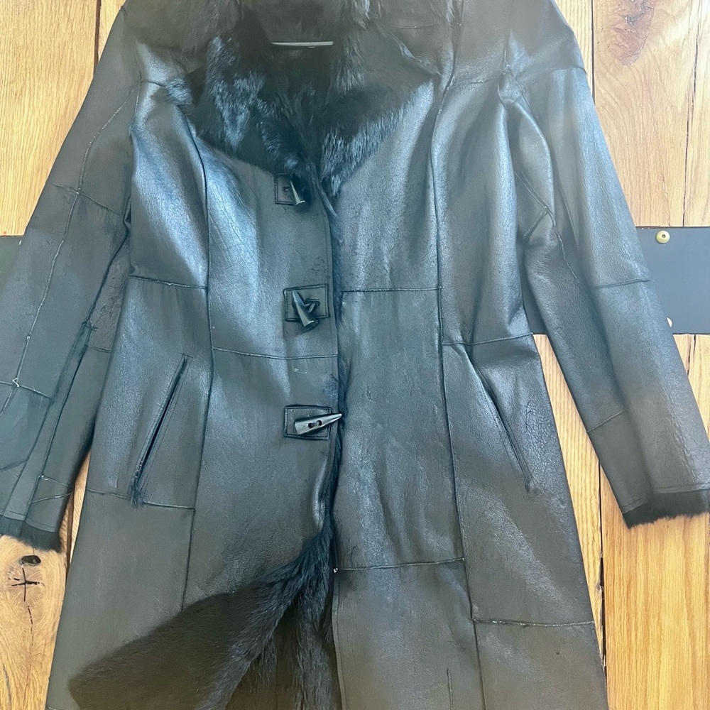 Guess Black Leather rabbit fur Coat